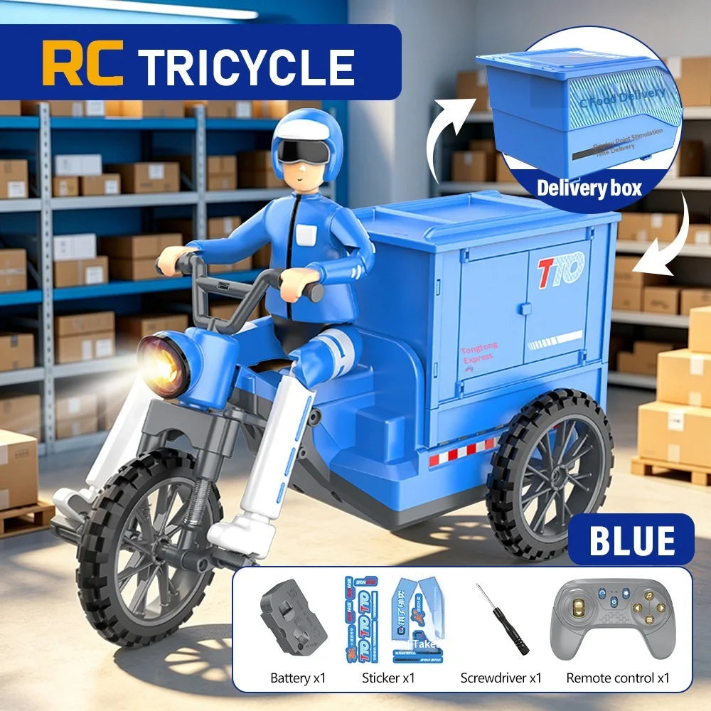 Generic Remote Control Tricycle Simulated Express Delivery Vehicle With Lighting Music Detachable Cargo Box Hobby Toy New Model