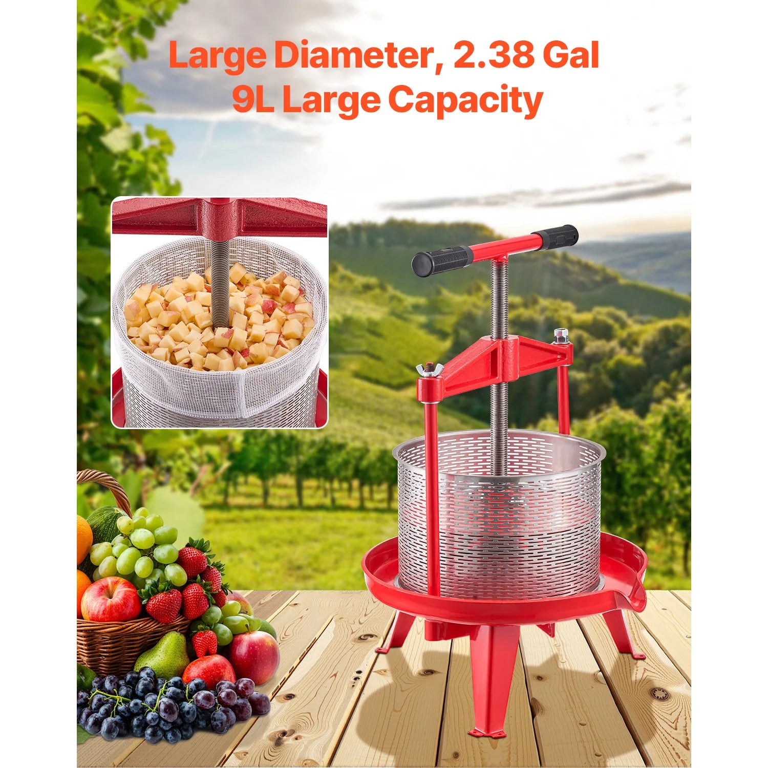 SucceBuy 9L 14L Fruit Wine Press Stainless Steel Basket with Cross-beam and Triangular Structure Manual Juice Maker for Kitchen