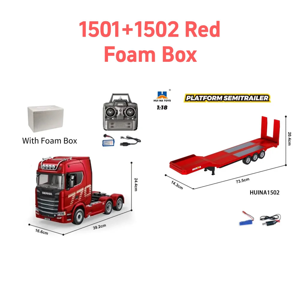 HUINA 1/18 19CH RC Truck 1501 770S Scania Alloy Tractor 2.4G Remote Control Engineering Trailer Truck with Light and Sound Toys