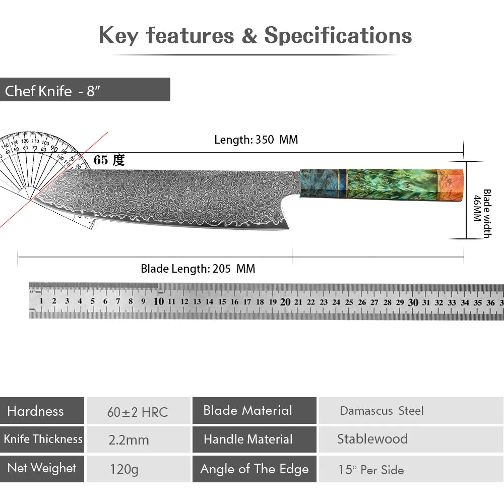 8 Inch Chef Knife 67 Layers VG10 Damascus Steel Kitchen Knives  Vegetable Meat  Cooking Tools Stabilized Colored Wood Handle