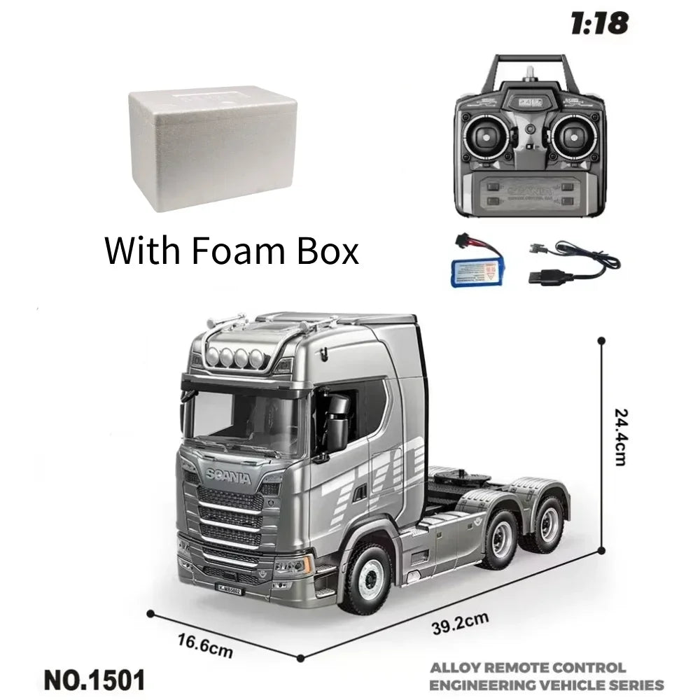 HUINA 1/18 19CH RC Truck 1501 770S Scania Alloy Tractor 2.4G Remote Control Engineering Trailer Truck with Light and Sound Toys