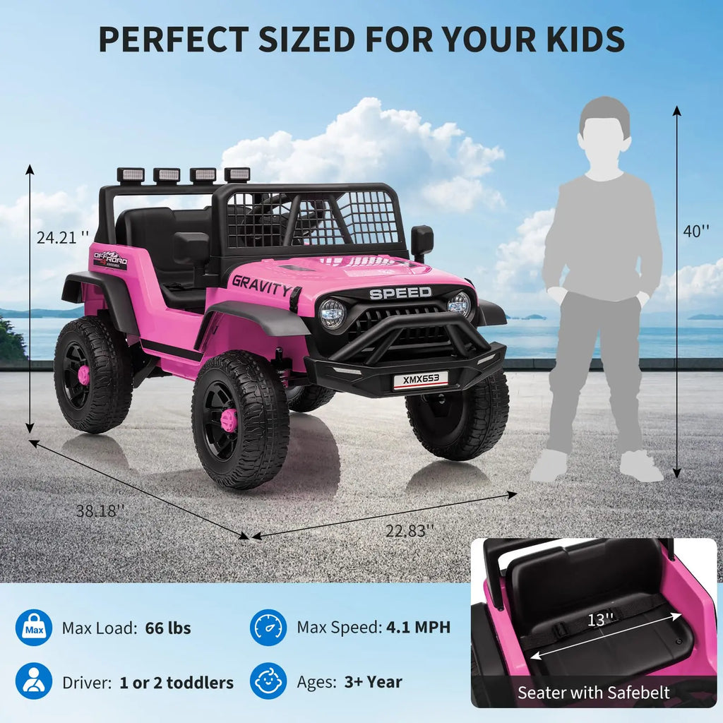 12V Kids Ride On Truck With Parent Remote, 3 Speeds, Wide Seat, LED Lights, Music USB MP3, Electric Car For Toddlers 3-6