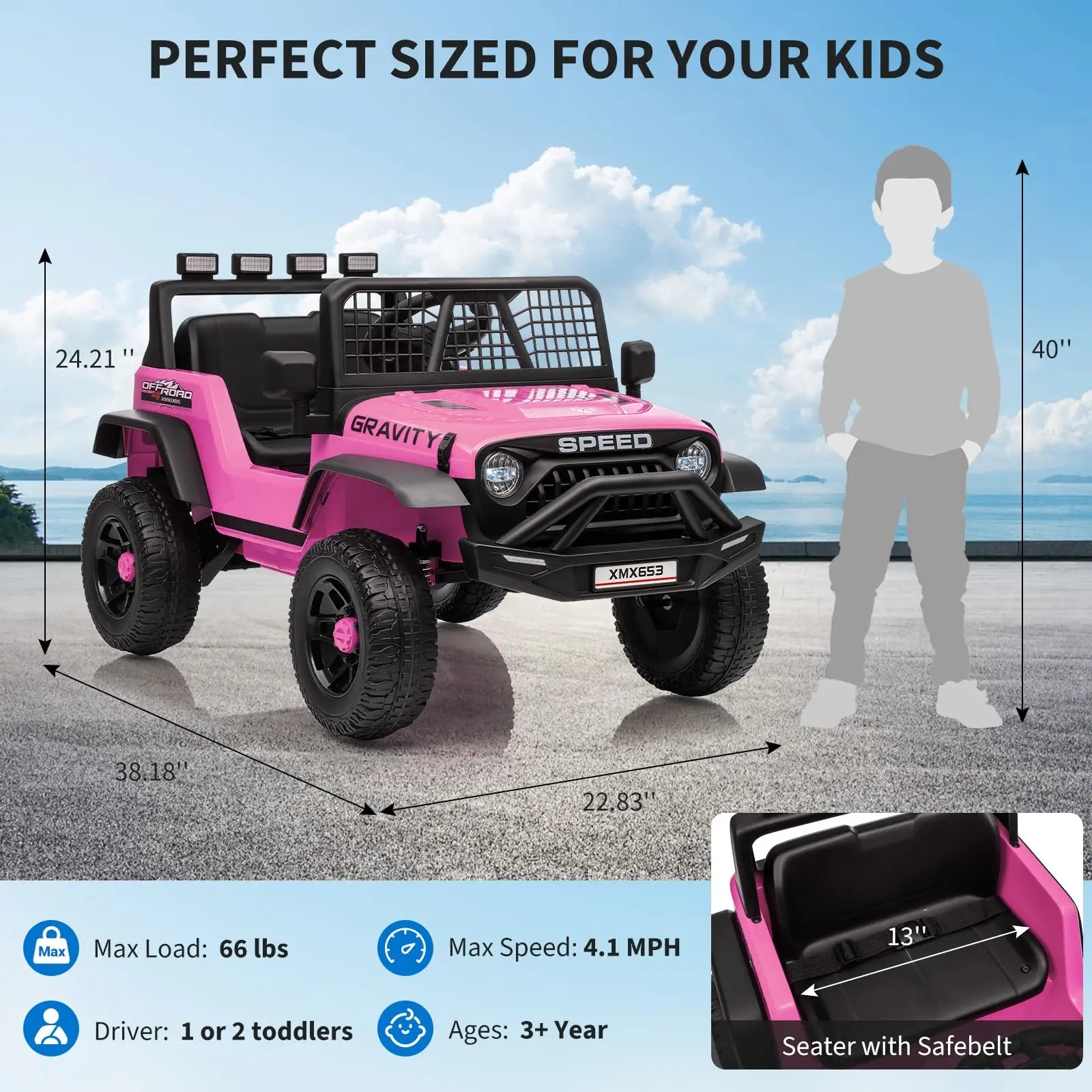 12V Kids Ride On Truck With Parent Remote, 3 Speeds, Wide Seat, LED Lights, Music USB MP3, Electric Car For Toddlers 3-6