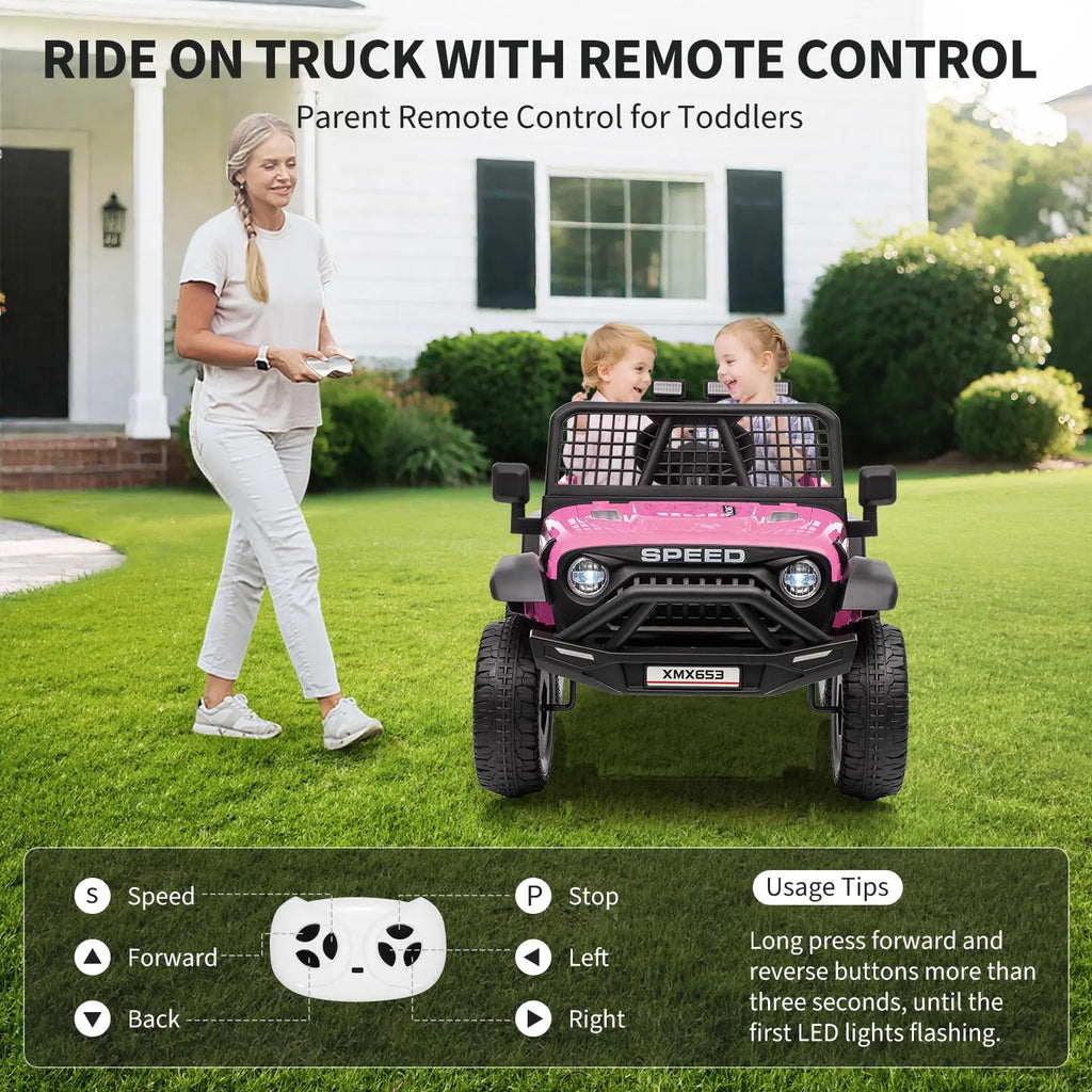 12V Kids Ride On Truck With Parent Remote, 3 Speeds, Wide Seat, LED Lights, Music USB MP3, Electric Car For Toddlers 3-6