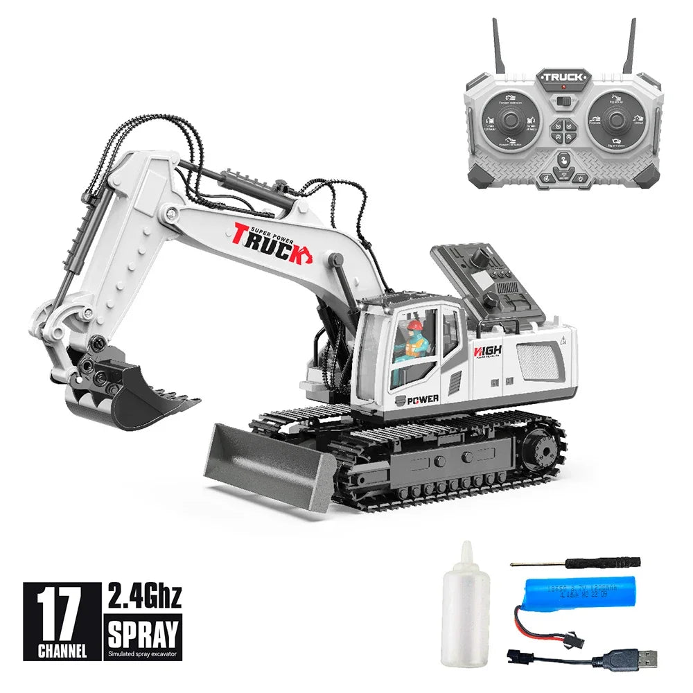 1/18 RC Alloy Spray Excavator Truck 17CH Engineering Vehicle Sound Lights 680 Degree Rotation Car Kids Toys Boy Birthday Gifts