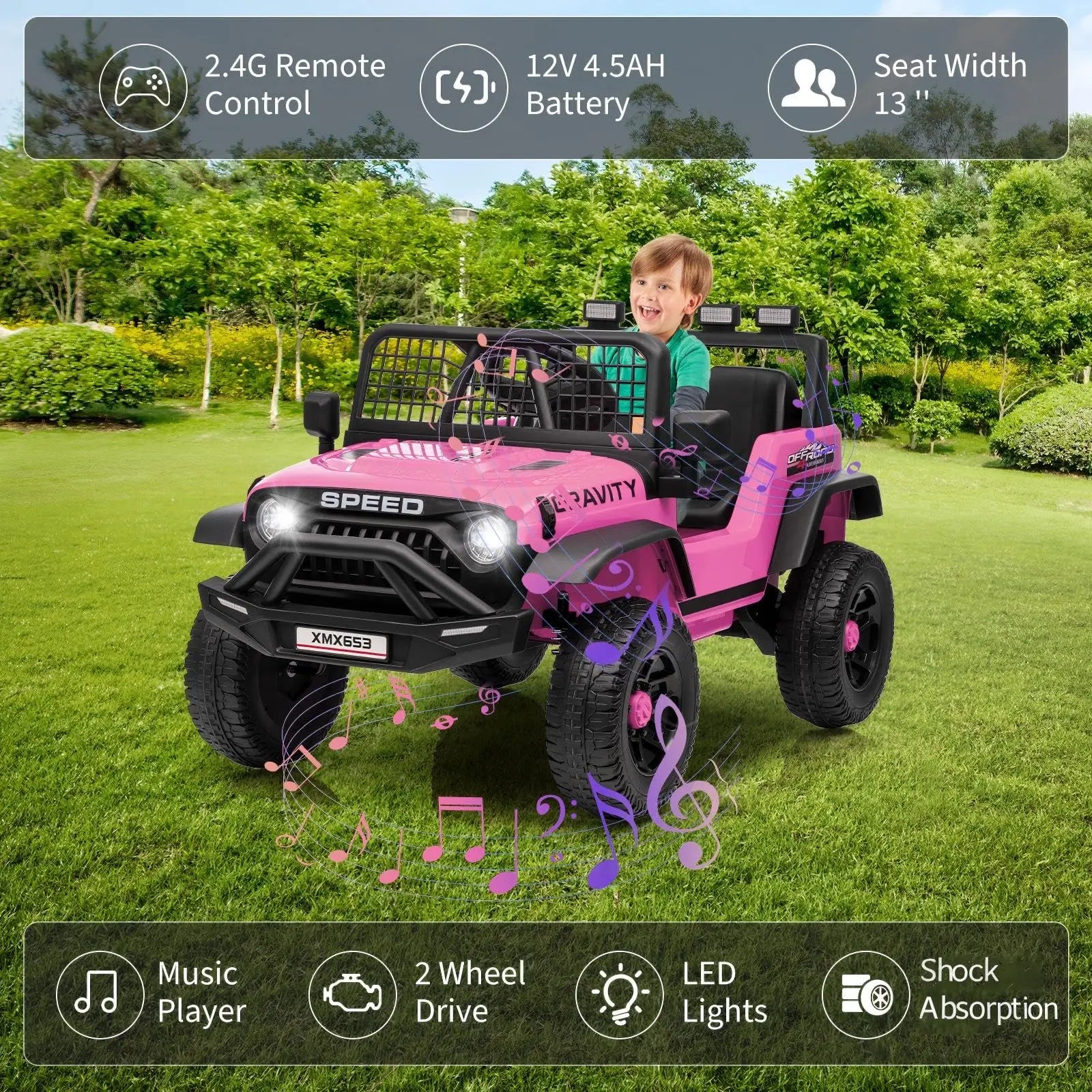 12V Kids Ride On Truck With Parent Remote, 3 Speeds, Wide Seat, LED Lights, Music USB MP3, Electric Car For Toddlers 3-6