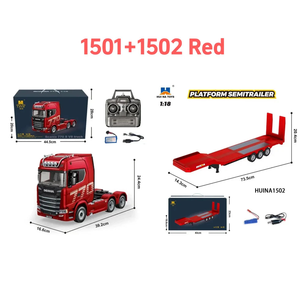 HUINA 1/18 19CH RC Truck 1501 770S Scania Alloy Tractor 2.4G Remote Control Engineering Trailer Truck with Light and Sound Toys