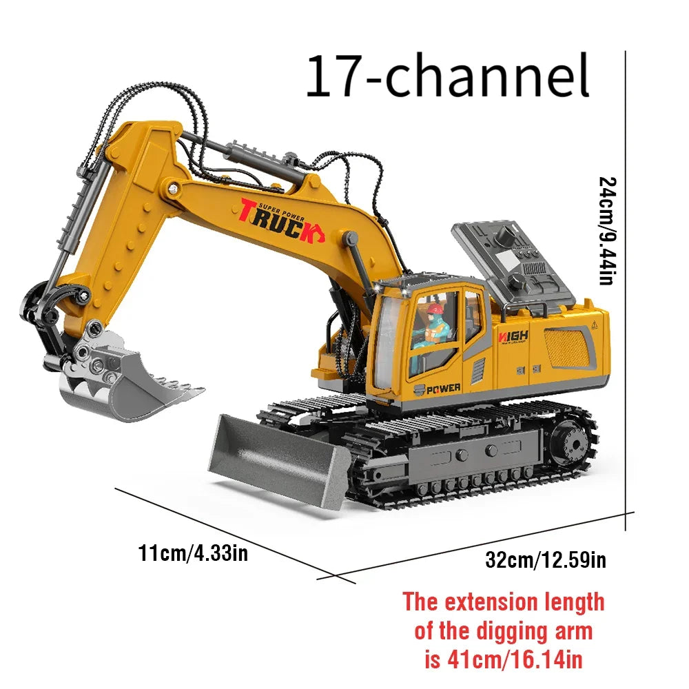 1/18 RC Alloy Spray Excavator Truck 17CH Engineering Vehicle Sound Lights 680 Degree Rotation Car Kids Toys Boy Birthday Gifts
