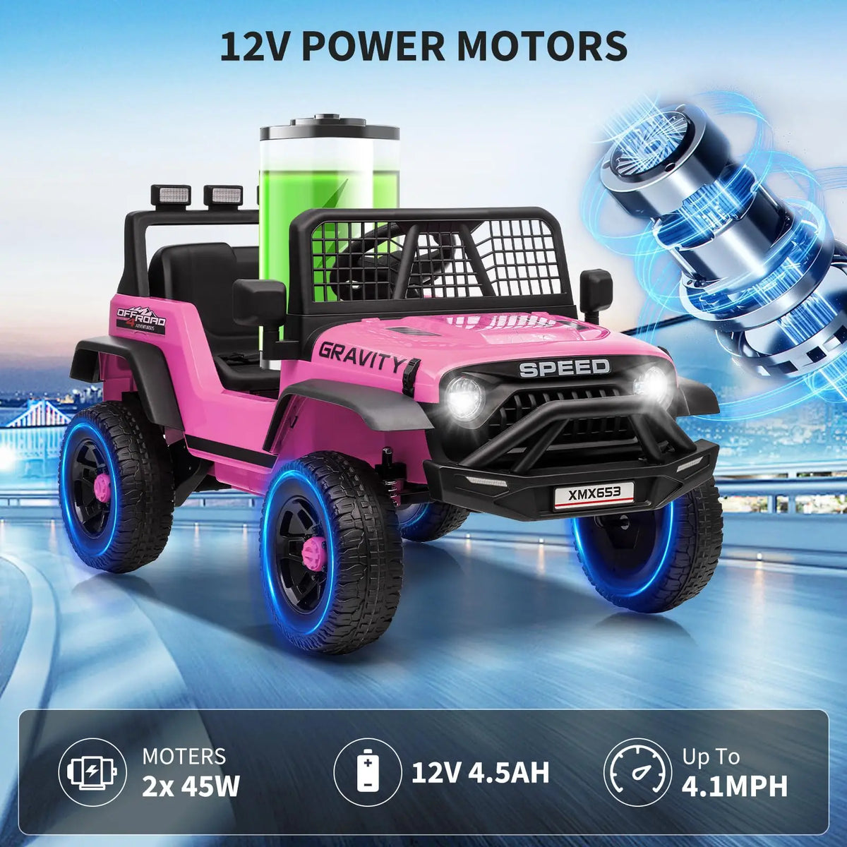 12V Kids Ride On Truck With Parent Remote, 3 Speeds, Wide Seat, LED Lights, Music USB MP3, Electric Car For Toddlers 3-6