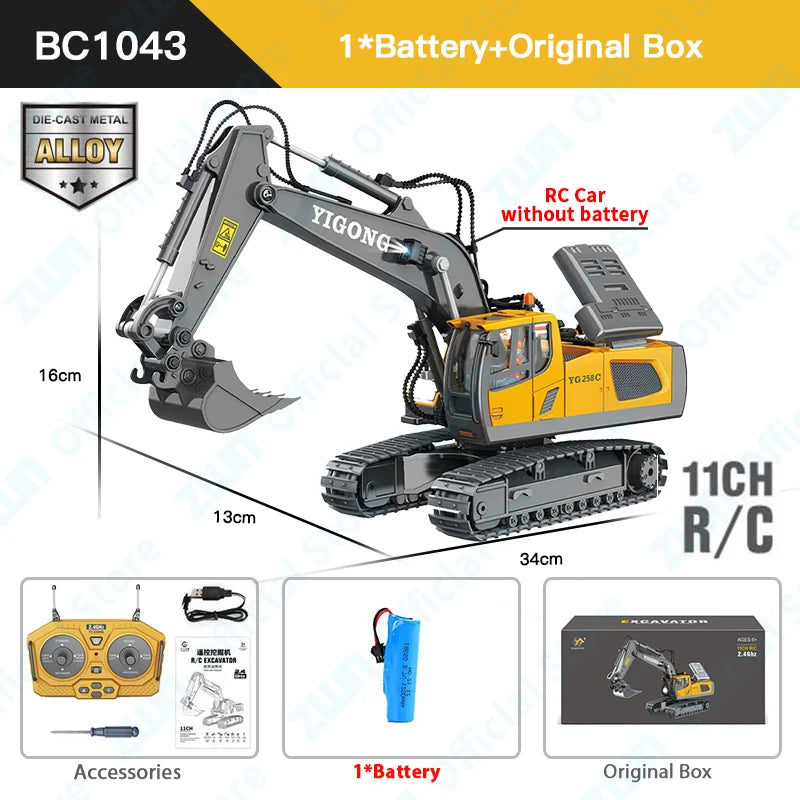 Kids' Best Christmas Gift! 1:24 2.4G 11 Channels RC Construction Vehicle Set - Excavator/Dump Truck/Loader/Bulldozer